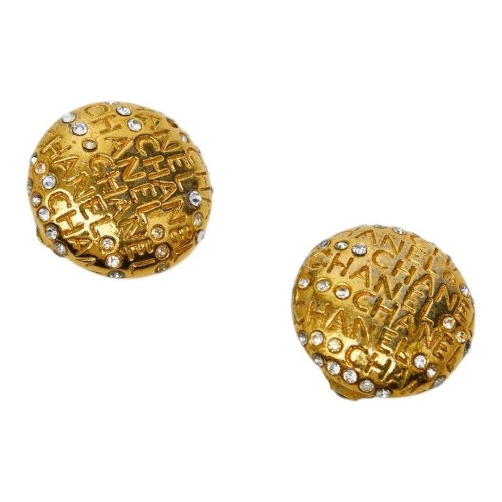 Chanel Logo Gold Plated Rhinestone Earrings
